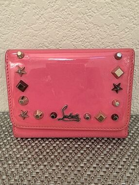 Christian Louboutin Small Pink Patent Leather Gold Silver Logo Studded Wallet